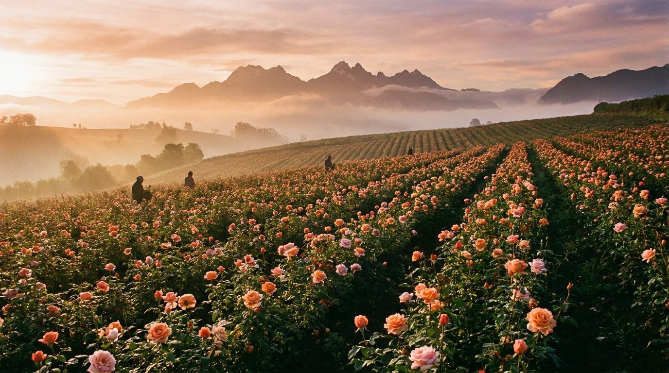 Cultivo de rosas en los Andes al amanecer