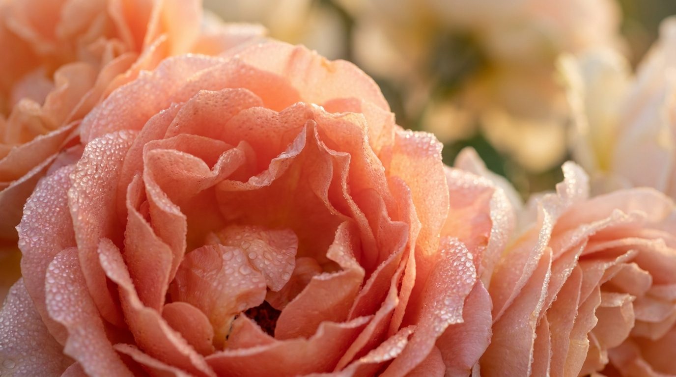 Rosas coral y durazno con rocío